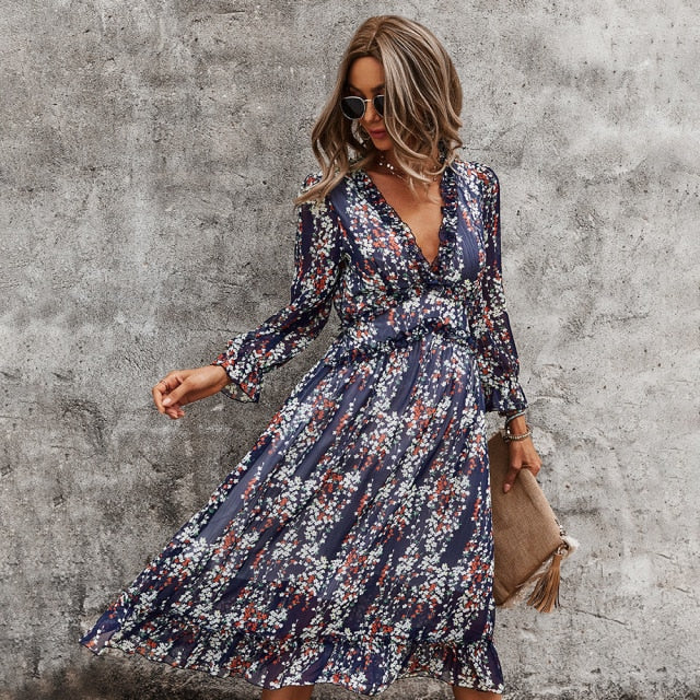 Sexy V Neck Floral Dress Ladies 2022 New Butterfly Sleeve High Waist Casual Print Dresses For Women Summer Chiffon Dress - Sabreeonline