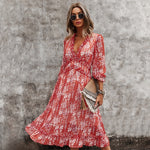 Sexy V Neck Floral Dress Ladies 2022 New Butterfly Sleeve High Waist Casual Print Dresses For Women Summer Chiffon Dress - Sabreeonline