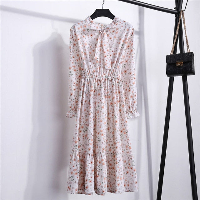 Long Sleeve Vintage Chiffon Bow Tie Neck dress - Sabreeonline