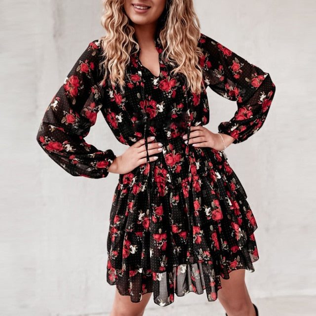 Flower Print Long Sleeve Lace-Up Ruffle - Sabreeonline