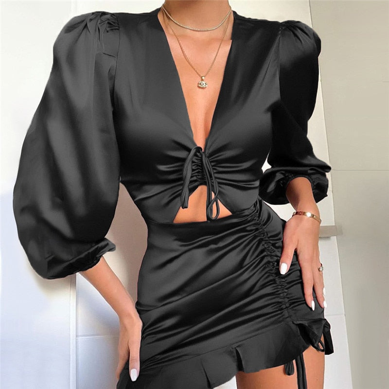 Satin Lace Up Ruffle Dress Female Slim Mini Dresses - Sabreeonline
