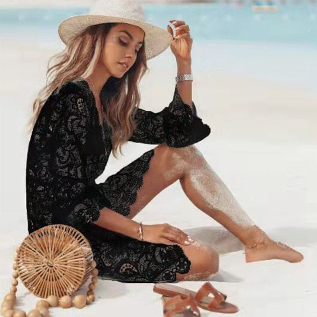 Crochet White Knitted Beach Cover Up Dress Tunic Pareos Bikinis Cover Ups Swim Cover Up Robe Plage Beachwear - Sabreeonline