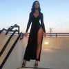 Hawthaw Women Autumn V Neck Slim Long Sleeve Hollow Out Black Open Fork Split Long Dress - Sabreeonline