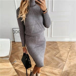 Autumn Knitting Costume Turtleneck Solid Color Pullover Sweater + Slim Skirt - Sabreeonline