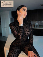 Leopard See Through Velour Long Sleeve Jumpsuit - Sabreeonline