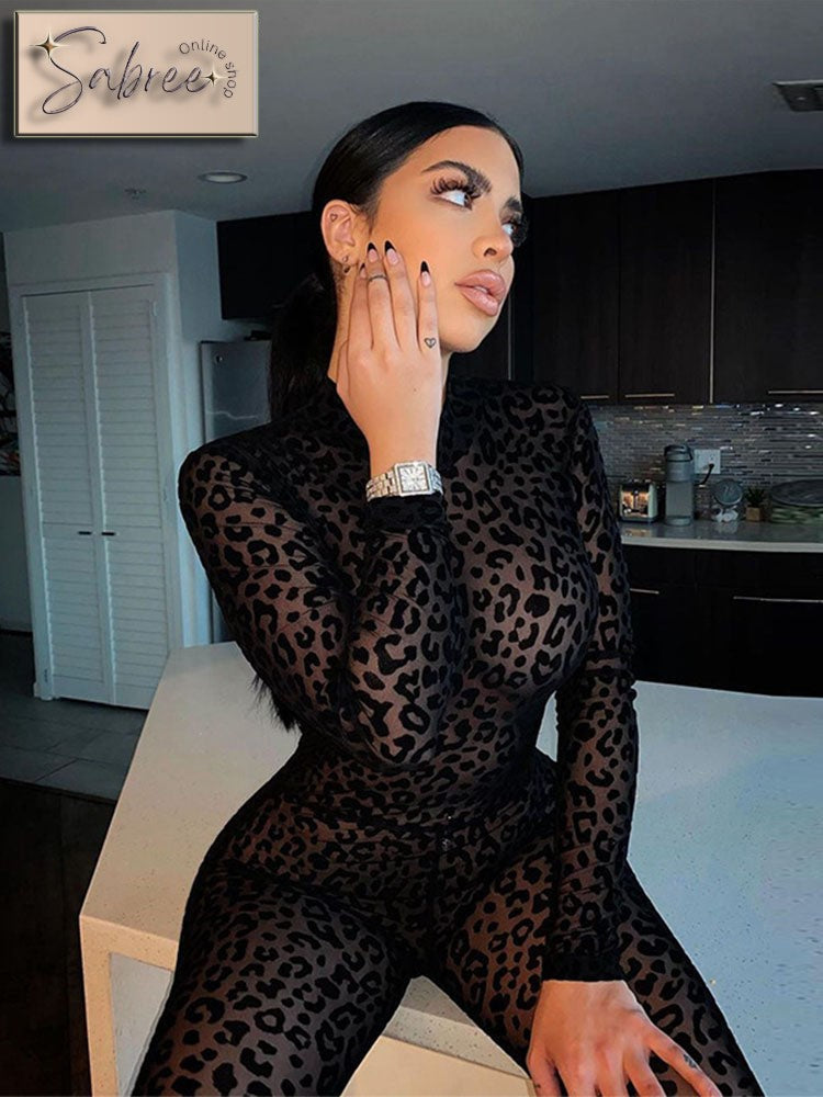 Leopard See Through Velour Long Sleeve Jumpsuit - Sabreeonline