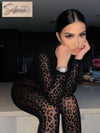 Leopard See Through Velour Long Sleeve Jumpsuit - Sabreeonline