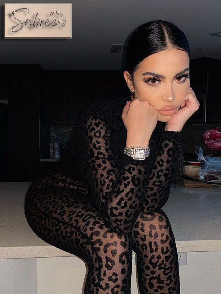 Leopard See Through Velour Long Sleeve Jumpsuit - Sabreeonline