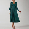 High Waist Satin Long Dress Elegant V Neck Women Midi Dresses Lantern Sleeve - Sabreeonline