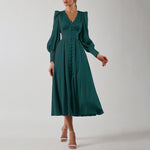 High Waist Satin Long Dress Elegant V Neck Women Midi Dresses Lantern Sleeve - Sabreeonline