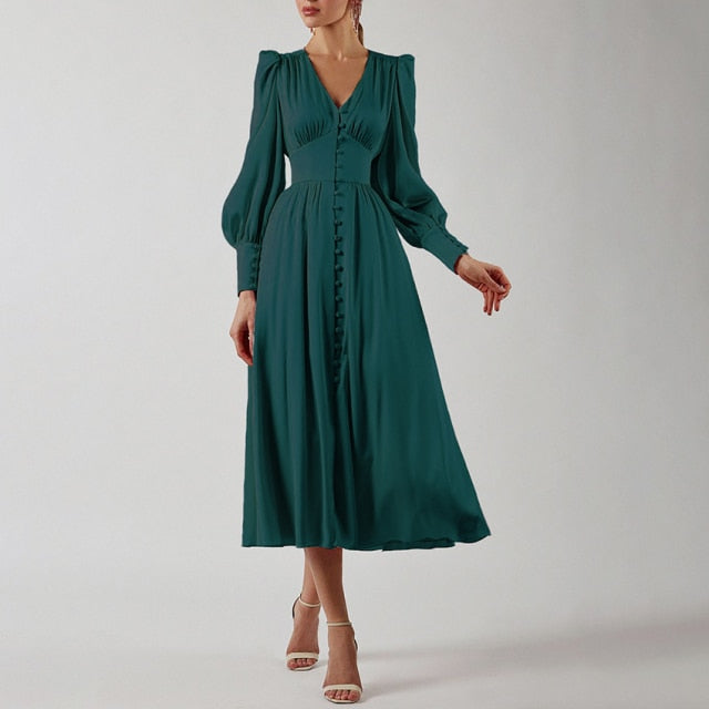 High Waist Satin Long Dress Elegant V Neck Women Midi Dresses Lantern Sleeve - Sabreeonline