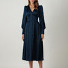 High Waist Satin Long Dress Elegant V Neck Women Midi Dresses Lantern Sleeve - Sabreeonline
