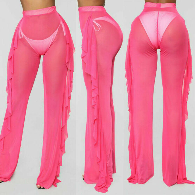 Ruffle Sheer Wide Leg Pants Bikini Cover Up - Sabreeonline
