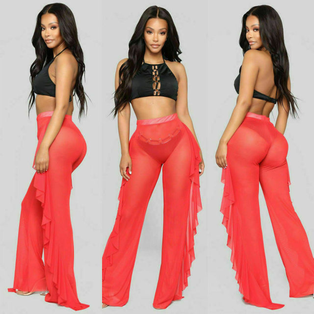 Ruffle Sheer Wide Leg Pants Bikini Cover Up - Sabreeonline
