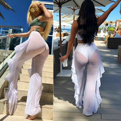 Ruffle Sheer Wide Leg Pants Bikini Cover Up - Sabreeonline