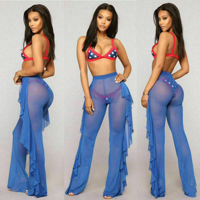 Ruffle Sheer Wide Leg Pants Bikini Cover Up - Sabreeonline