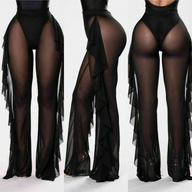 Ruffle Sheer Wide Leg Pants Bikini Cover Up - Sabreeonline