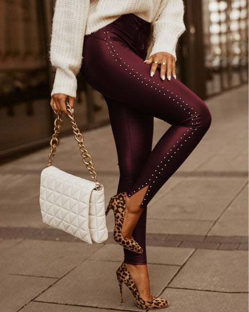 Women Sexy Studded Design High Waist Lace-up Skinny PU Pants - Sabreeonline
