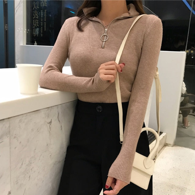 Women Zipper Turtleneck Winter Basic - Sabreeonline