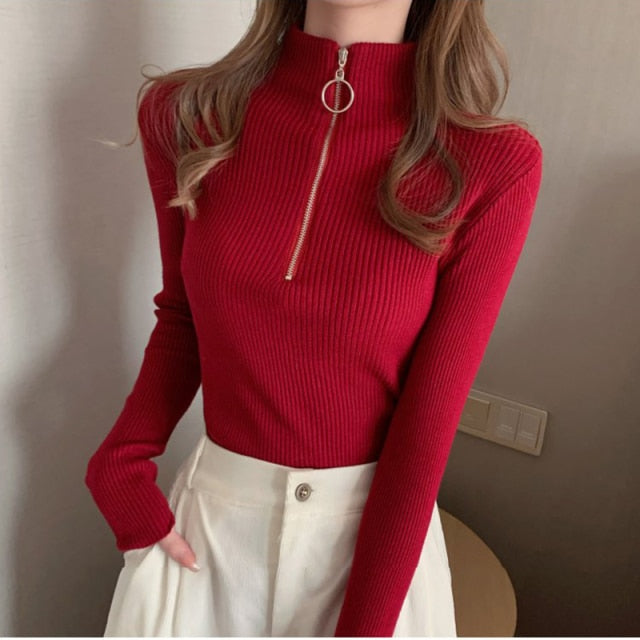 Women Zipper Turtleneck Winter Basic - Sabreeonline
