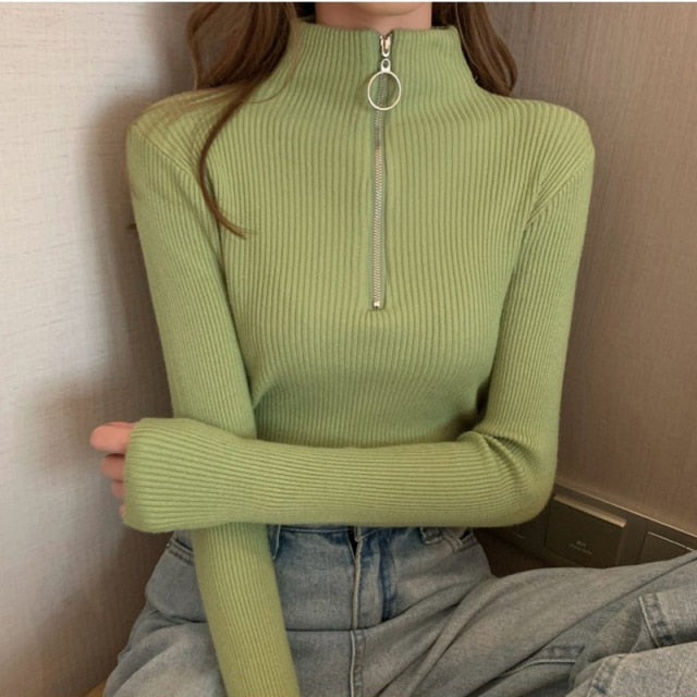 Women Zipper Turtleneck Winter Basic - Sabreeonline
