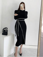 Slim Waist Lace-Up Knitted Mid-Length Sweater Dress - Sabreeonline