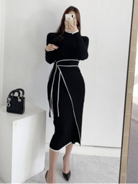 Slim Waist Lace-Up Knitted Mid-Length Sweater Dress - Sabreeonline
