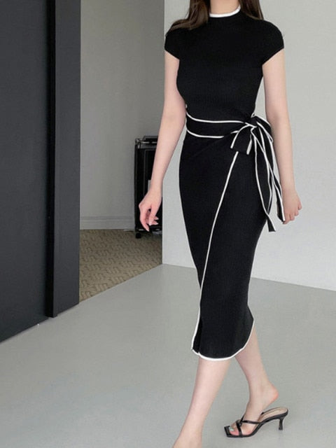 Slim Waist Lace-Up Knitted Mid-Length Sweater Dress - Sabreeonline