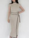 Slim Waist Lace-Up Knitted Mid-Length Sweater Dress - Sabreeonline