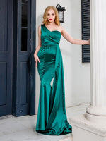 One Shoulder Padded Sexy Satin Maxi Dress - Sabreeonline