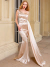 One Shoulder Padded Sexy Satin Maxi Dress - Sabreeonline