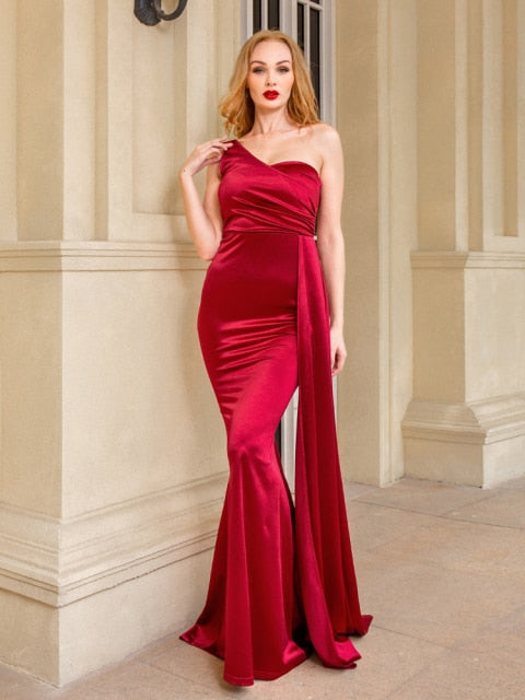 One Shoulder Padded Sexy Satin Maxi Dress - Sabreeonline