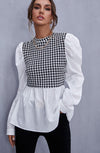 Women Elegant Houndstooth Shirt Ruffle - Sabreeonline