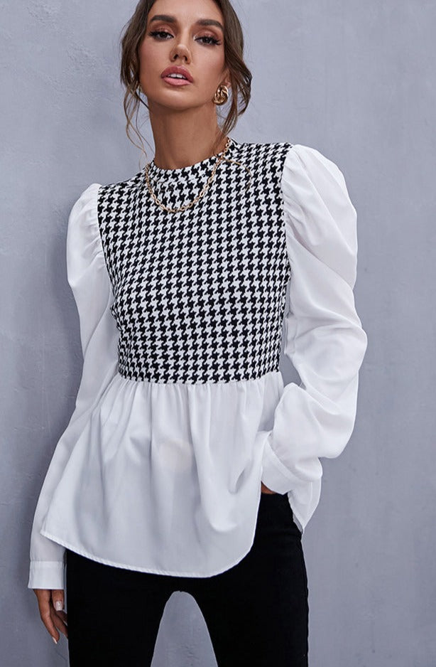 Women Elegant Houndstooth Shirt Ruffle - Sabreeonline