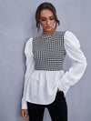 Women Elegant Houndstooth Shirt Ruffle - Sabreeonline