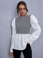 Women Elegant Houndstooth Shirt Ruffle - Sabreeonline