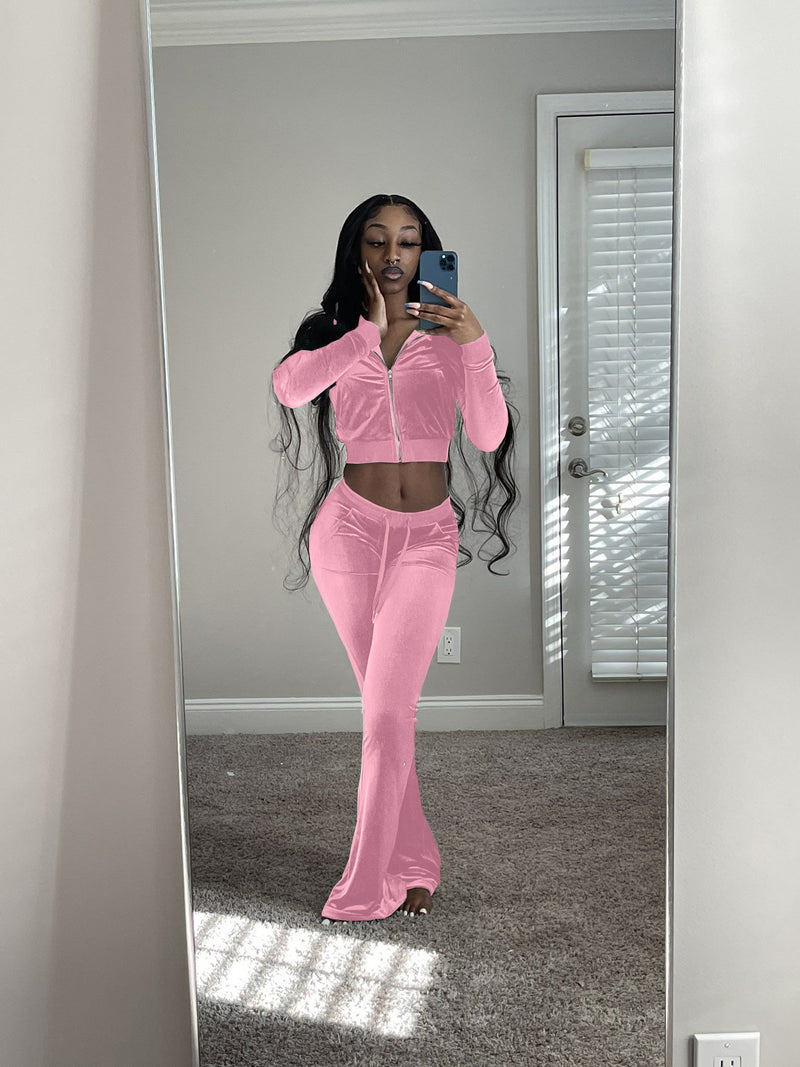 Casual Sports Set Solid Velvet Two Piece Set - Sabreeonline