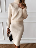 Autumn Knitting Costume Turtleneck Solid Color Pullover Sweater + Slim Skirt - Sabreeonline