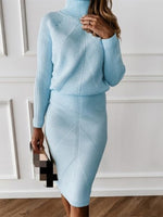 Autumn Knitting Costume Turtleneck Solid Color Pullover Sweater + Slim Skirt - Sabreeonline
