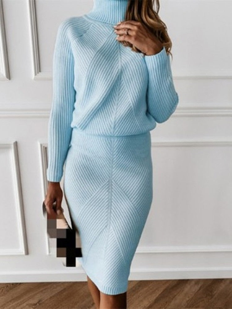 Autumn Knitting Costume Turtleneck Solid Color Pullover Sweater + Slim Skirt - Sabreeonline