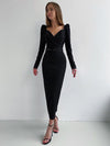 Elegant Party Women Dress Slim V Neck Long Sleeve Mid Calf Pencil Dress - Sabreeonline