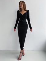 Elegant Party Women Dress Slim V Neck Long Sleeve Mid Calf Pencil Dress - Sabreeonline