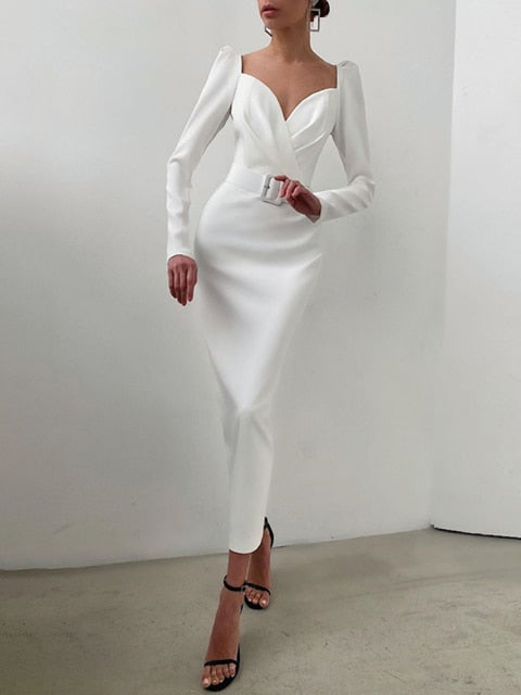 Elegant Party Women Dress Slim V Neck Long Sleeve Mid Calf Pencil Dress - Sabreeonline
