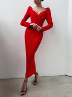 Elegant Party Women Dress Slim V Neck Long Sleeve Mid Calf Pencil Dress - Sabreeonline