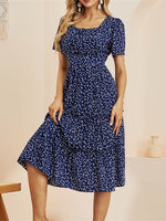 Dot Print Casual Short Sleeve Square Collar Ruffles Medium Chiffon Dress - Sabreeonline