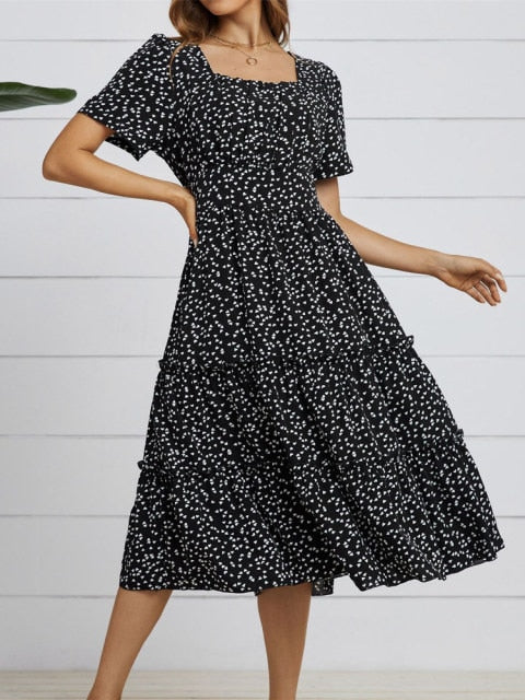 Dot Print Casual Short Sleeve Square Collar Ruffles Medium Chiffon Dress - Sabreeonline