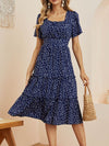 Dot Print Casual Short Sleeve Square Collar Ruffles Medium Chiffon Dress - Sabreeonline