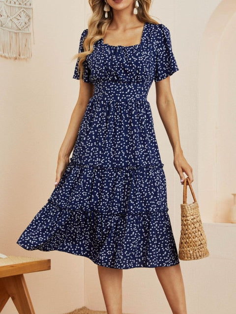 Dot Print Casual Short Sleeve Square Collar Ruffles Medium Chiffon Dress - Sabreeonline