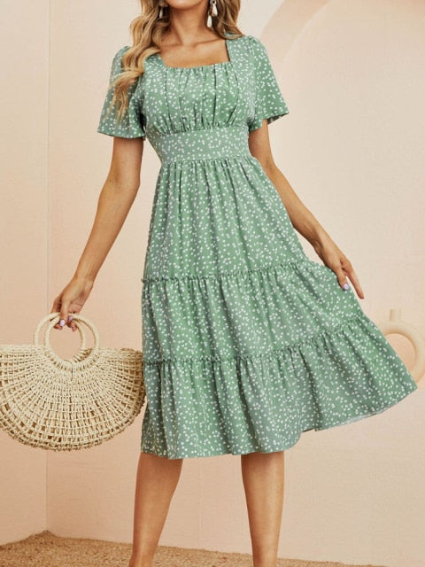 Dot Print Casual Short Sleeve Square Collar Ruffles Medium Chiffon Dress - Sabreeonline