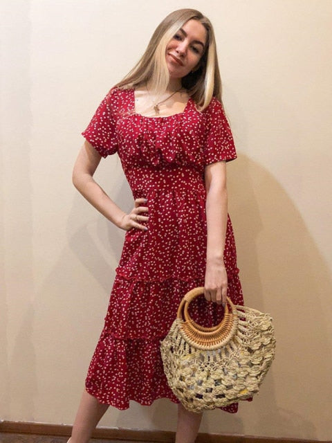 Dot Print Casual Short Sleeve Square Collar Ruffles Medium Chiffon Dress - Sabreeonline